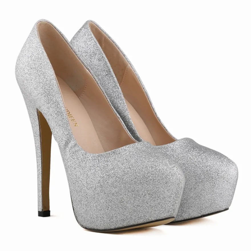 New Fashion High Platform Shallow Women Wedding Shoes Solid Sequined Cloth Round Toe Elegant High Heels Shoes Women's Size 35-42