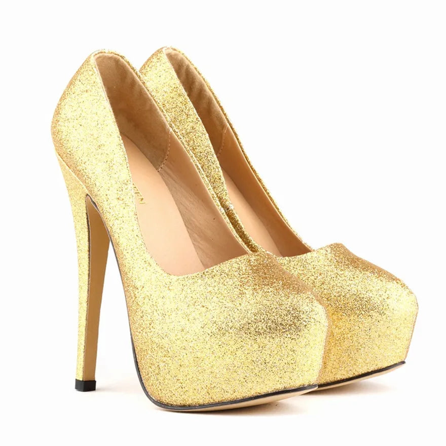 New Fashion High Platform Shallow Women Wedding Shoes Solid Sequined Cloth Round Toe Elegant High Heels Shoes Women's Size 35-42