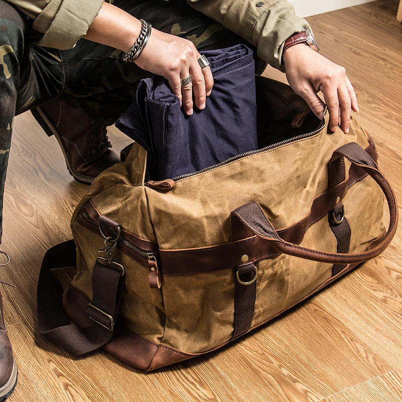 Vintage Waxed Canvas Men Luggage bag Genuine Leather Men Travel Bags Large Duffel Bags Weekend bag of trip Overnight carry on