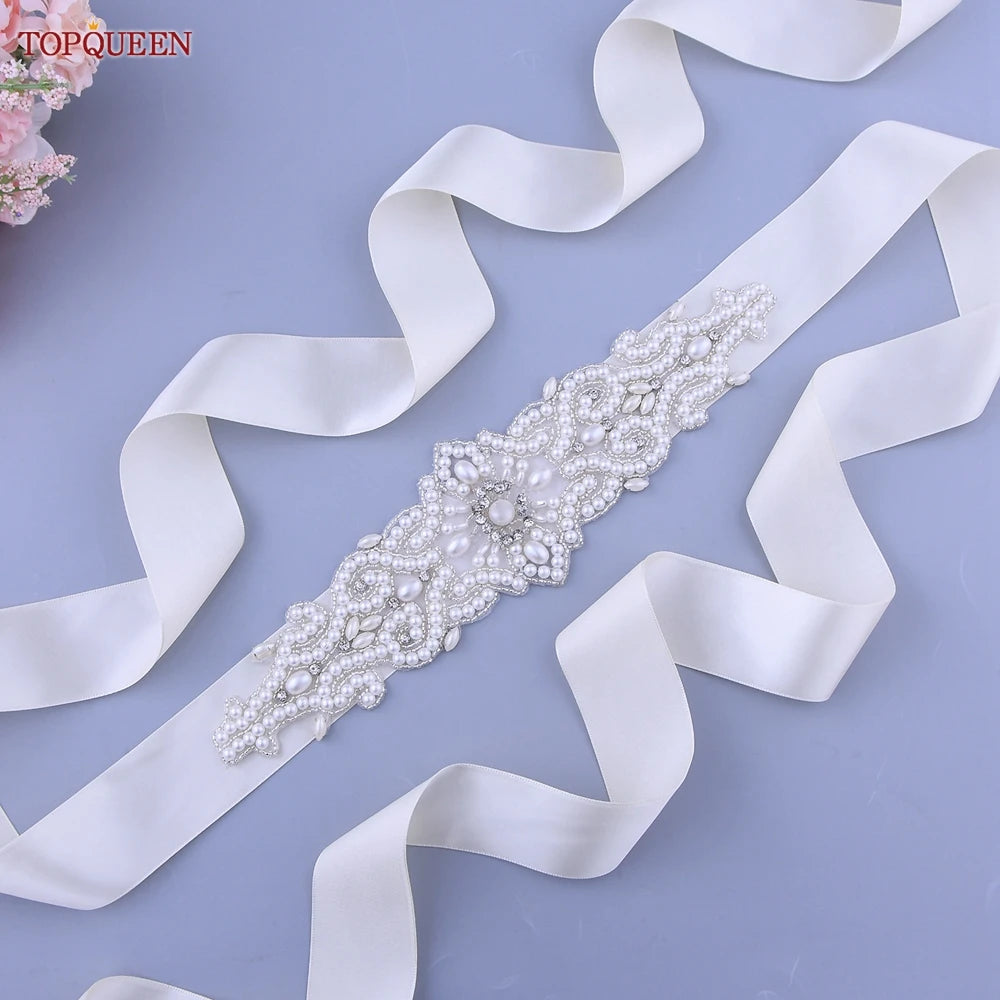 TOPQUEEN Wedding Dress Belt Luxury Full Pearl Bridal Belt Women Moroccan Decoration Satin Ribbon Belt Handmade Beaded S26A