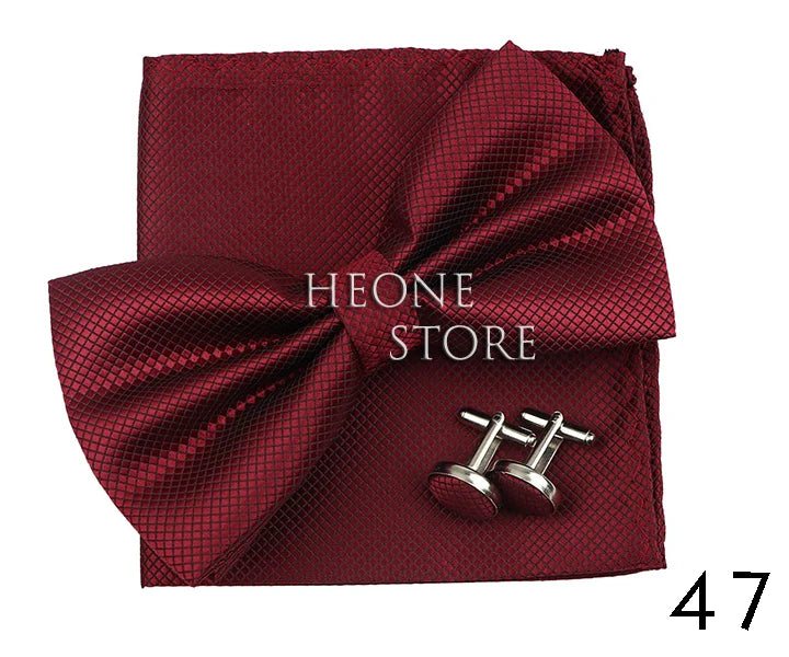 3PC Mens Bowtie Set Fashion Dot Solid Polyester Bow Tie Handkerchief Cufflinks Bar Party Wedding Business Daily Wear Accessories