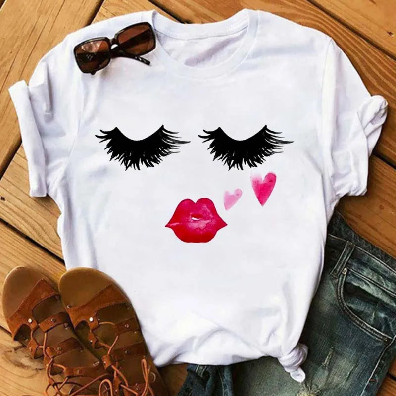 Maycaur New Cute Eye Lashes Red Lips Print Women T Shirt Summer Casual Short Sleeve O Neck T-shirt Fashion Ladies Shirt Tops