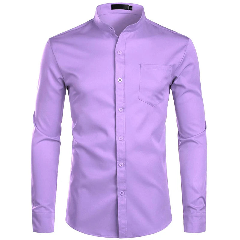 Men's Royal Blue Dress Shirts 2022 Brand Banded Mandarin Collar Shirt Male Long Sleeve Casual Button Down Shirt with Pocket 2XL