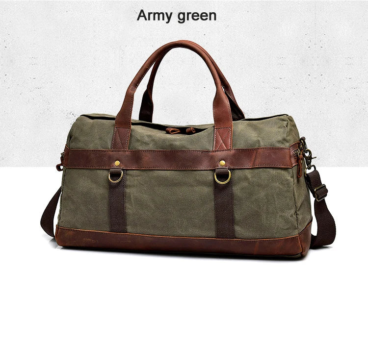 Vintage Waxed Canvas Men Luggage bag Genuine Leather Men Travel Bags Large Duffel Bags Weekend bag of trip Overnight carry on