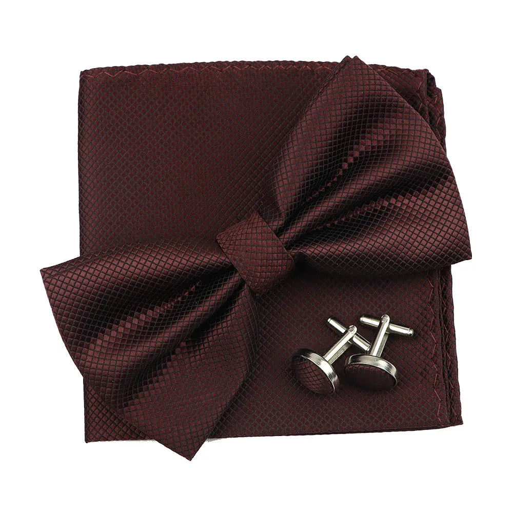 3PC Mens Bowtie Set Fashion Dot Solid Polyester Bow Tie Handkerchief Cufflinks Bar Party Wedding Business Daily Wear Accessories