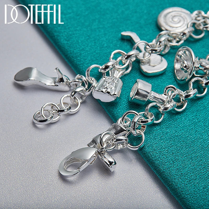 DOTEFFIL 925 Sterling Silver 18K Gold Shoe Bell Airplane Lock Car Fish Ring Lollipop Guitar Bracelet Chain Women Charm Jewelry