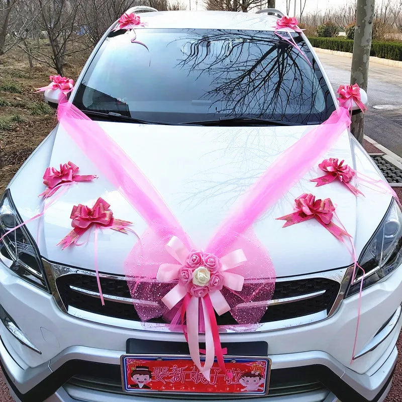 Wedding Car Decoration Flower Set Cover Door Handle Ribbons Silk Flower Garland With Tulle Rose Accessory Wed Decor2023