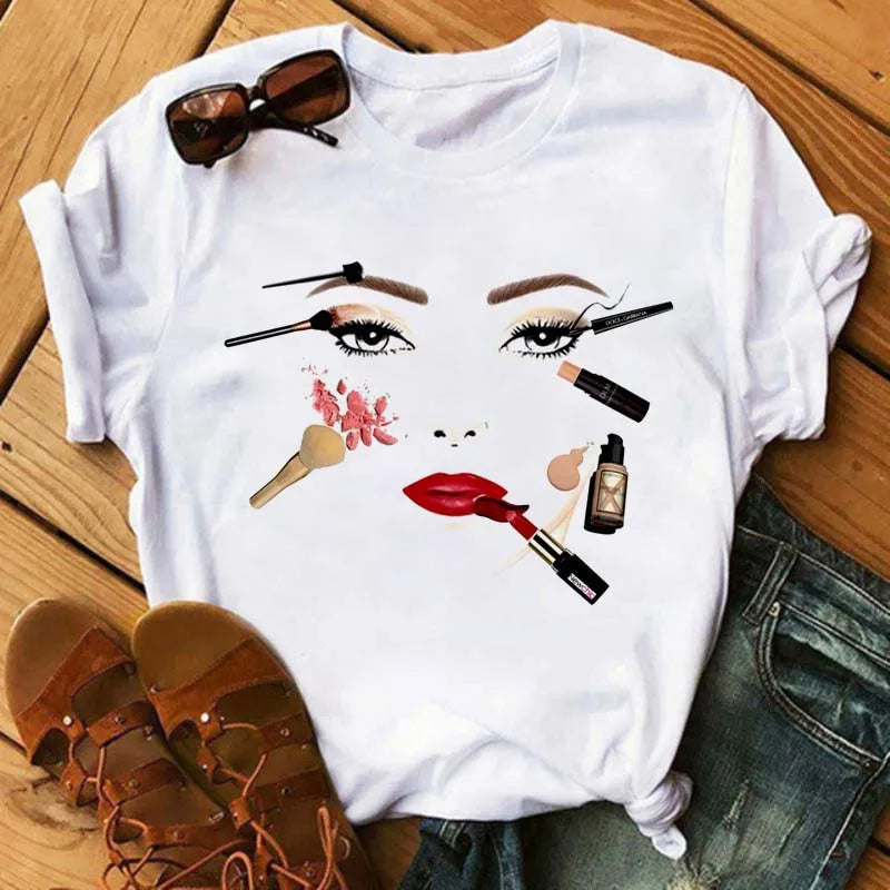 Maycaur New Cute Eye Lashes Red Lips Print Women T Shirt Summer Casual Short Sleeve O Neck T-shirt Fashion Ladies Shirt Tops