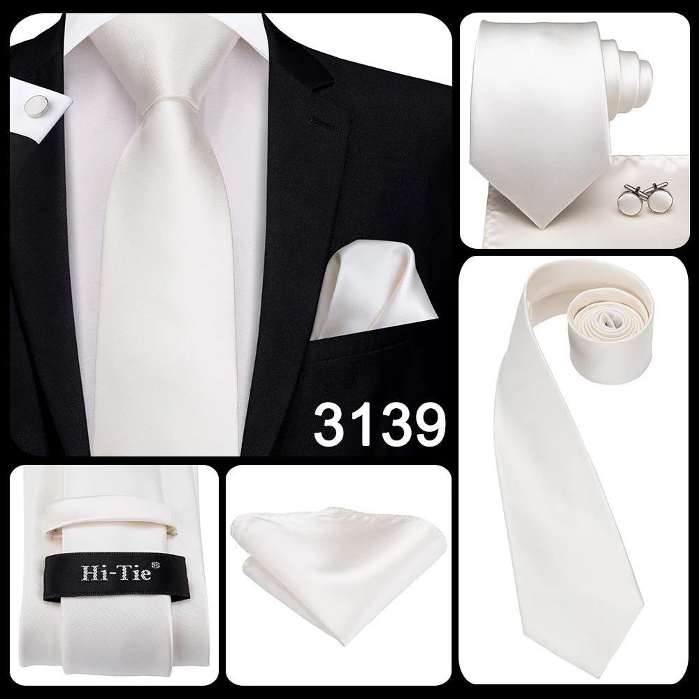 Hi-Tie Champagne Ivory Floral Solid Design Silk Wedding Tie For Men Quality Hanky Cufflink Fashion Nicktie Business Dropshipping