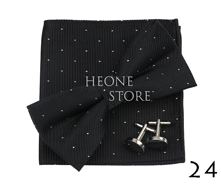 3PC Mens Bowtie Set Fashion Dot Solid Polyester Bow Tie Handkerchief Cufflinks Bar Party Wedding Business Daily Wear Accessories