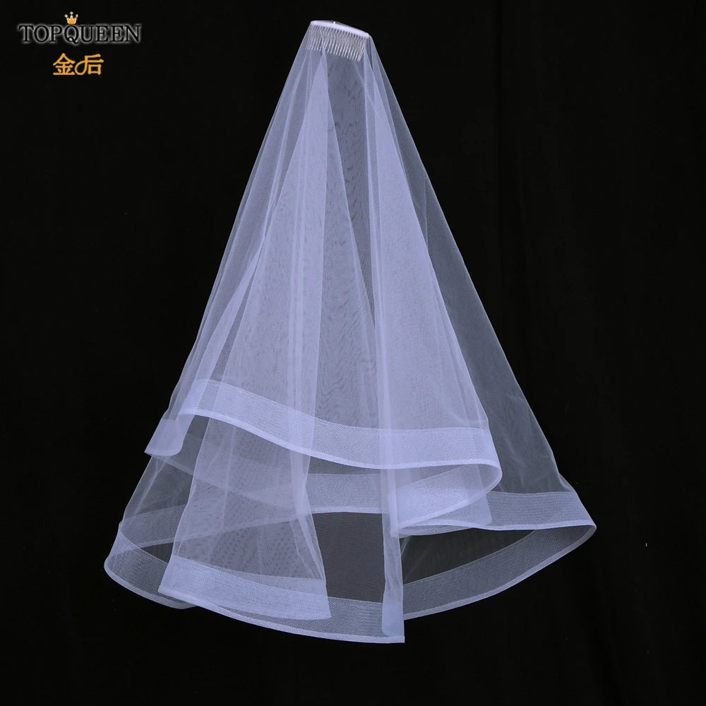 TOPQUEEN V69 Wedding Veil Fingertip Veil Two Tier Minimalist Bride Veil with Blusher Bridal Veils with Comb Dress Veil for Bride