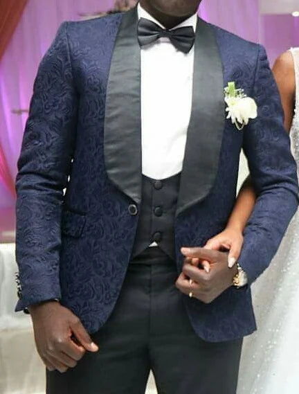 Men Suits Light Navy Blue and Black Groom Tuxedos Shawl Lapel Groomsmen Wedding Best Man ( Jacket+Pants+Bow Tie+Vest ) C684