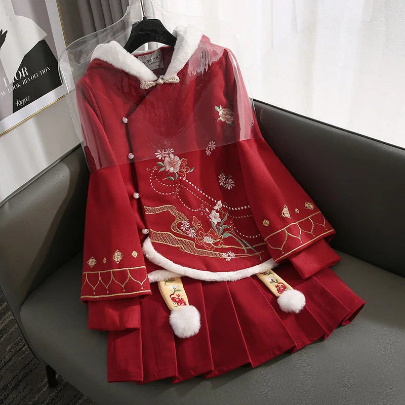 Winter Modern Women Hanfu Embroidery Red Top Hoodies Cotton Warm Chinese Pleated Skirt Plus Size Girl Fairy Cosplay Costumes