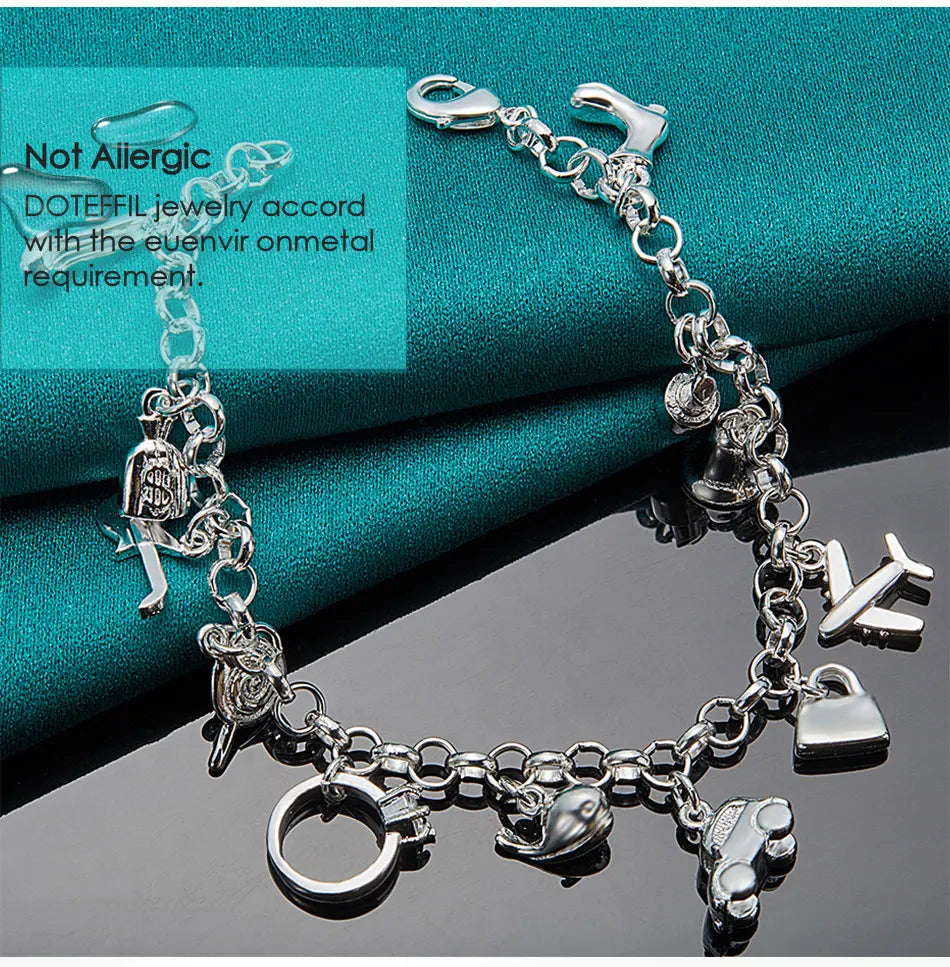 DOTEFFIL 925 Sterling Silver 18K Gold Shoe Bell Airplane Lock Car Fish Ring Lollipop Guitar Bracelet Chain Women Charm Jewelry
