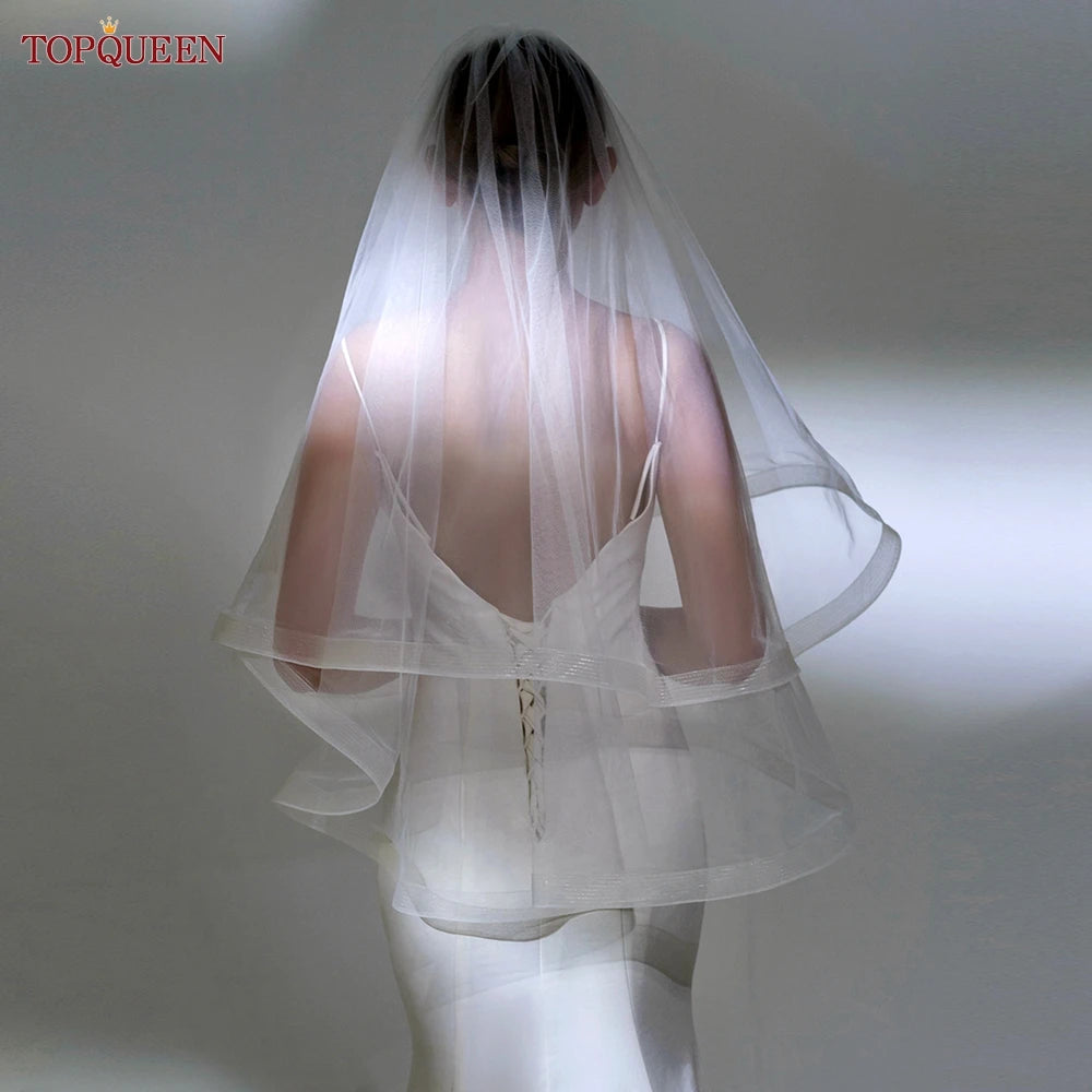 TOPQUEEN V69 Wedding Veil Fingertip Veil Two Tier Minimalist Bride Veil with Blusher Bridal Veils with Comb Dress Veil for Bride