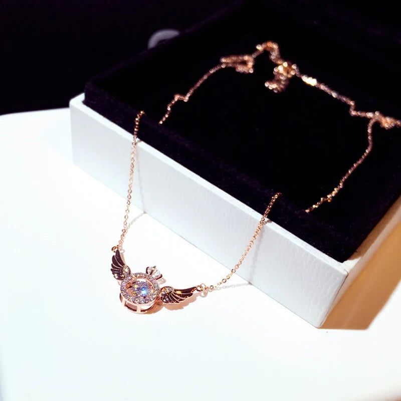 JUWANG Classic Retro Metal Luxury Rhinestone Super Shine Zircon Angle Wing Necklace For Women Sexy Stainless Steel Pendant 2023