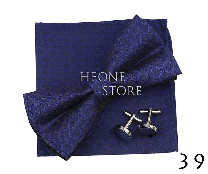3PC Mens Bowtie Set Fashion Dot Solid Polyester Bow Tie Handkerchief Cufflinks Bar Party Wedding Business Daily Wear Accessories
