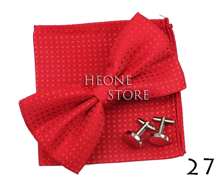 3PC Mens Bowtie Set Fashion Dot Solid Polyester Bow Tie Handkerchief Cufflinks Bar Party Wedding Business Daily Wear Accessories