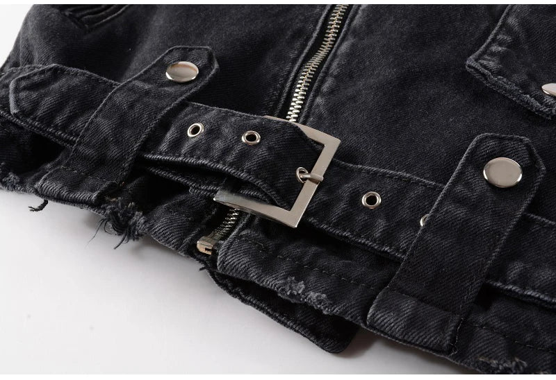 Sokotoo Men's zippers black biker jean jacket Streetwear thick denim slim coat with belt High quality