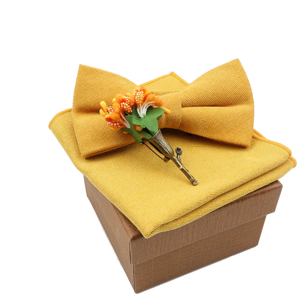 Solid Color Cotton Bowtie Handkerchief Flower Brooch Set For Men Women Party Wedding Blue Pink Green Bowties Novelty Ties Gift