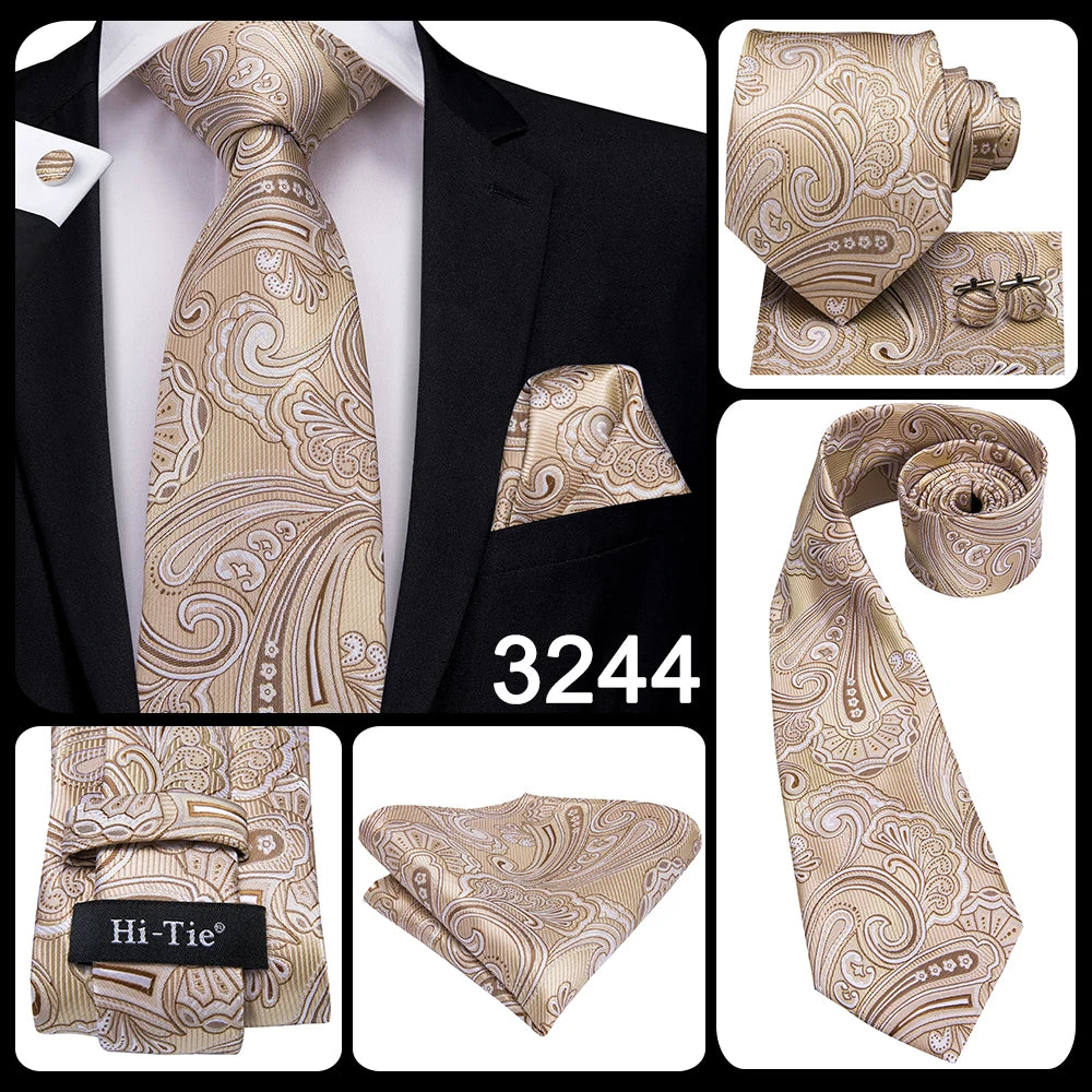 Hi-Tie Champagne Ivory Floral Solid Design Silk Wedding Tie For Men Quality Hanky Cufflink Fashion Nicktie Business Dropshipping