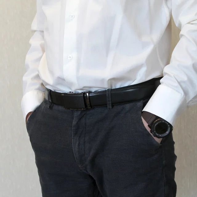 Men’s Genuine Leather Ratchet Dress Belt with Automatic Sliding Buckle Plus Size