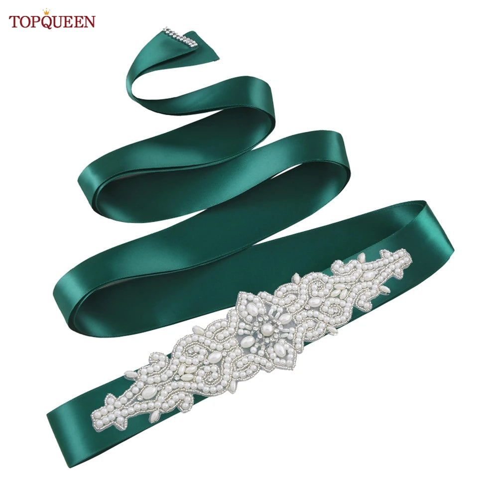 TOPQUEEN Wedding Dress Belt Luxury Full Pearl Bridal Belt Women Moroccan Decoration Satin Ribbon Belt Handmade Beaded S26A