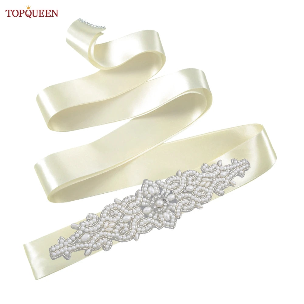 TOPQUEEN Wedding Dress Belt Luxury Full Pearl Bridal Belt Women Moroccan Decoration Satin Ribbon Belt Handmade Beaded S26A