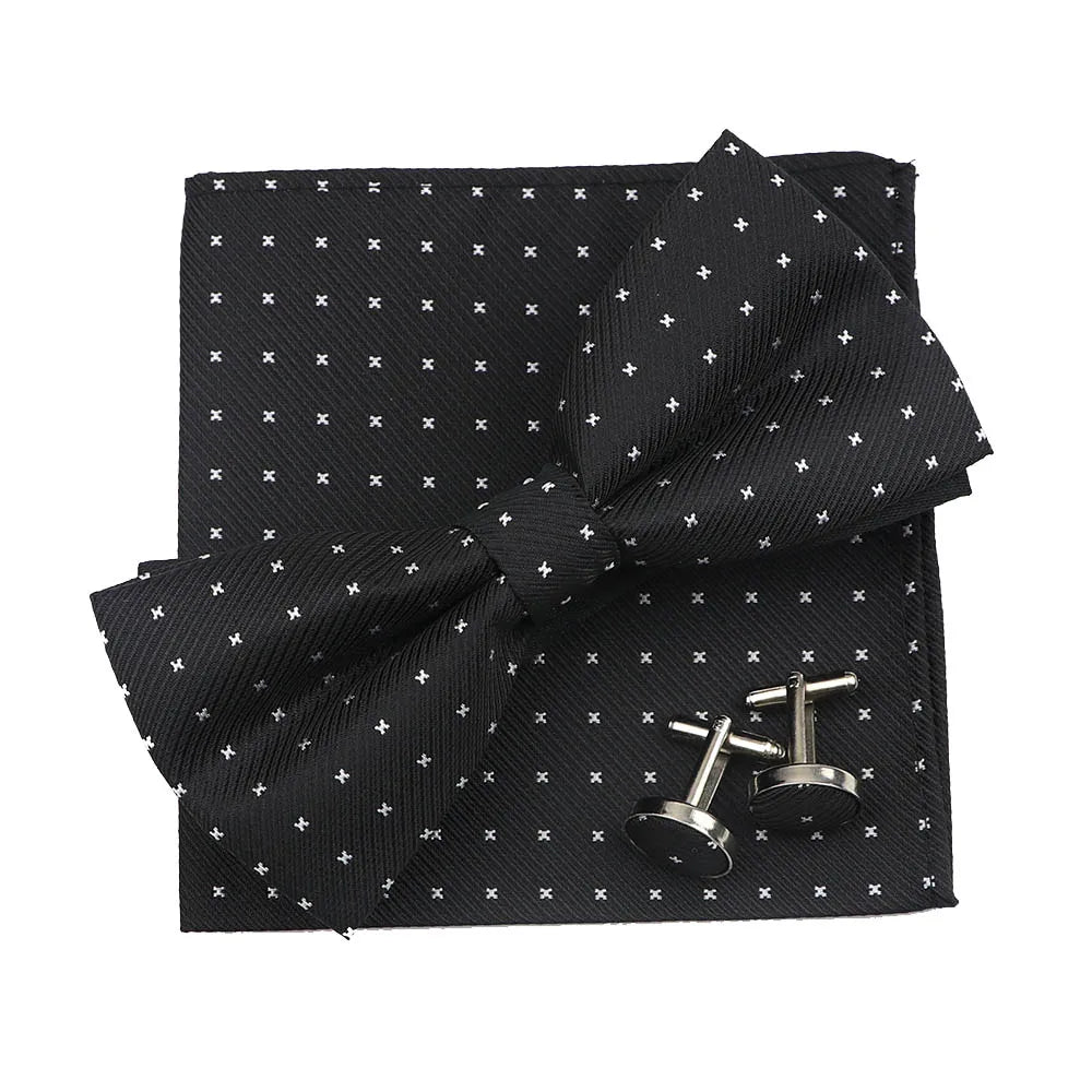 3PC Mens Bowtie Set Fashion Dot Solid Polyester Bow Tie Handkerchief Cufflinks Bar Party Wedding Business Daily Wear Accessories