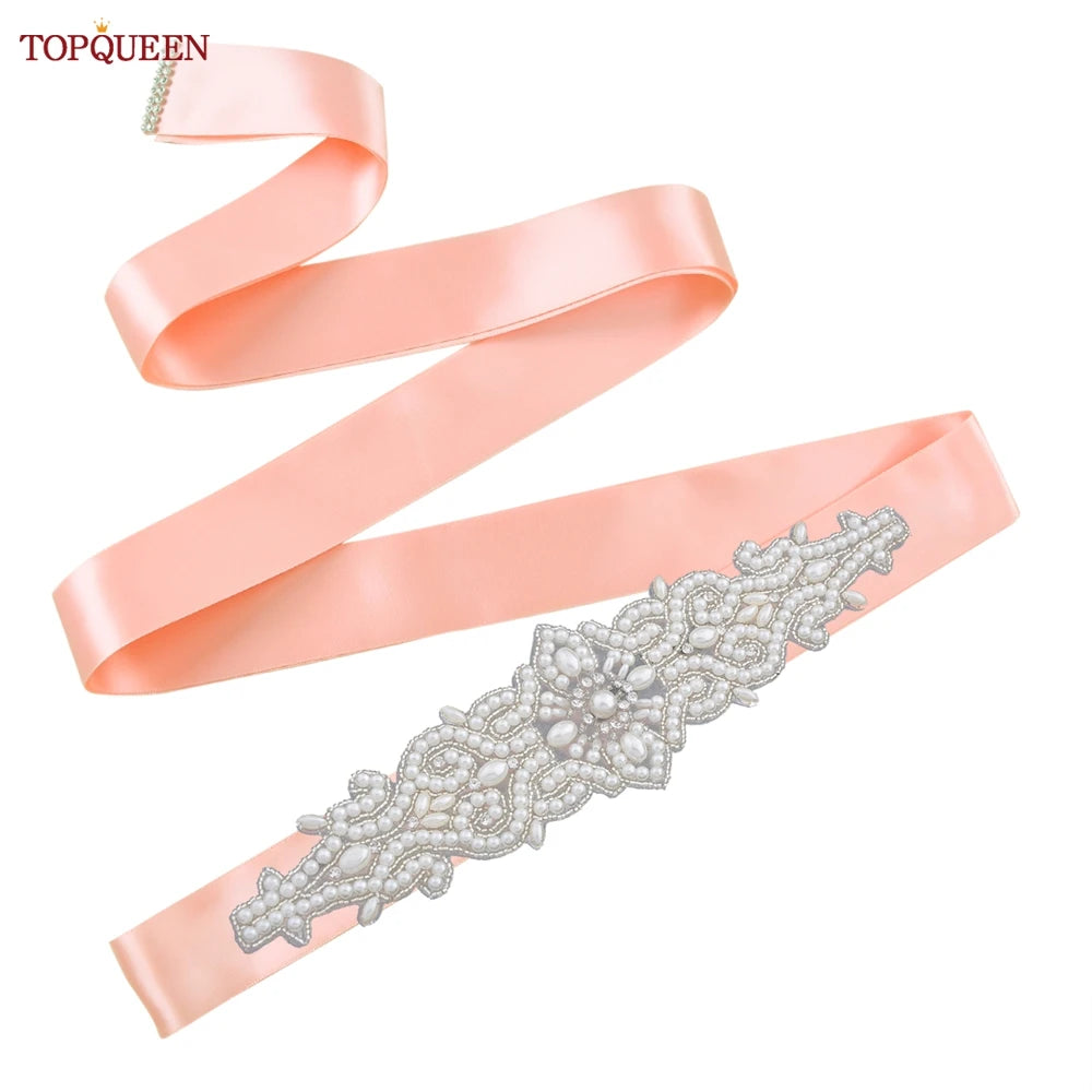 TOPQUEEN Wedding Dress Belt Luxury Full Pearl Bridal Belt Women Moroccan Decoration Satin Ribbon Belt Handmade Beaded S26A