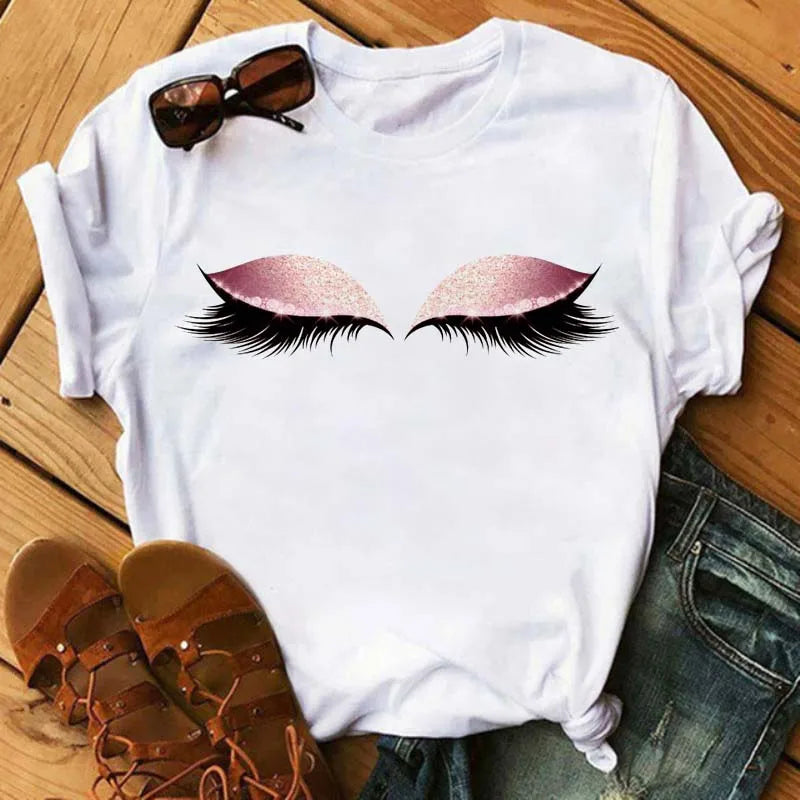 Maycaur New Cute Eye Lashes Red Lips Print Women T Shirt Summer Casual Short Sleeve O Neck T-shirt Fashion Ladies Shirt Tops