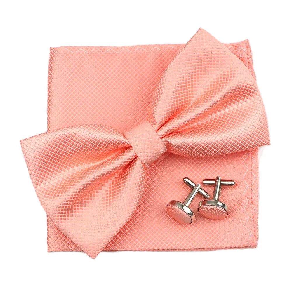 3PC Mens Bowtie Set Fashion Dot Solid Polyester Bow Tie Handkerchief Cufflinks Bar Party Wedding Business Daily Wear Accessories