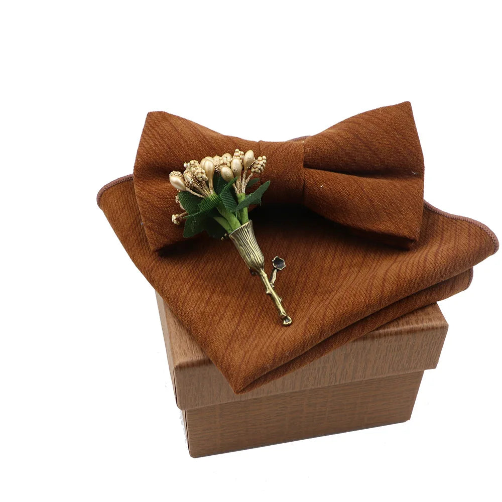 Solid Color Cotton Bowtie Handkerchief Flower Brooch Set For Men Women Party Wedding Blue Pink Green Bowties Novelty Ties Gift
