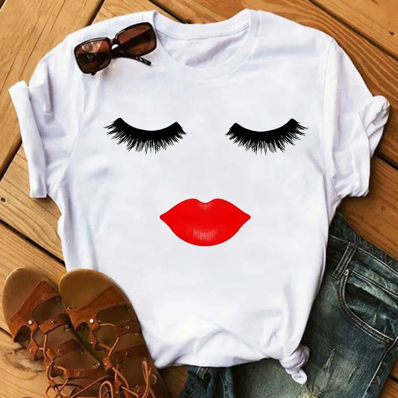 Maycaur New Cute Eye Lashes Red Lips Print Women T Shirt Summer Casual Short Sleeve O Neck T-shirt Fashion Ladies Shirt Tops