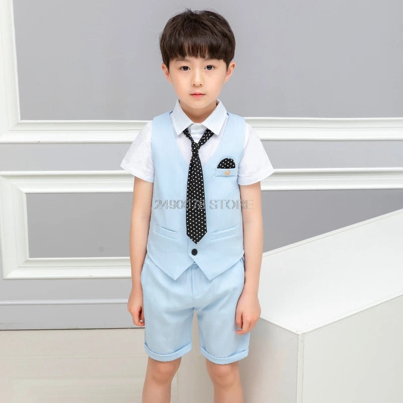 2021 Boys Formal Suits Summer Short Sleeve Blazer+Shorts 2pcs Children Kids Wedding Clothing Sets Prom Performance Costumes
