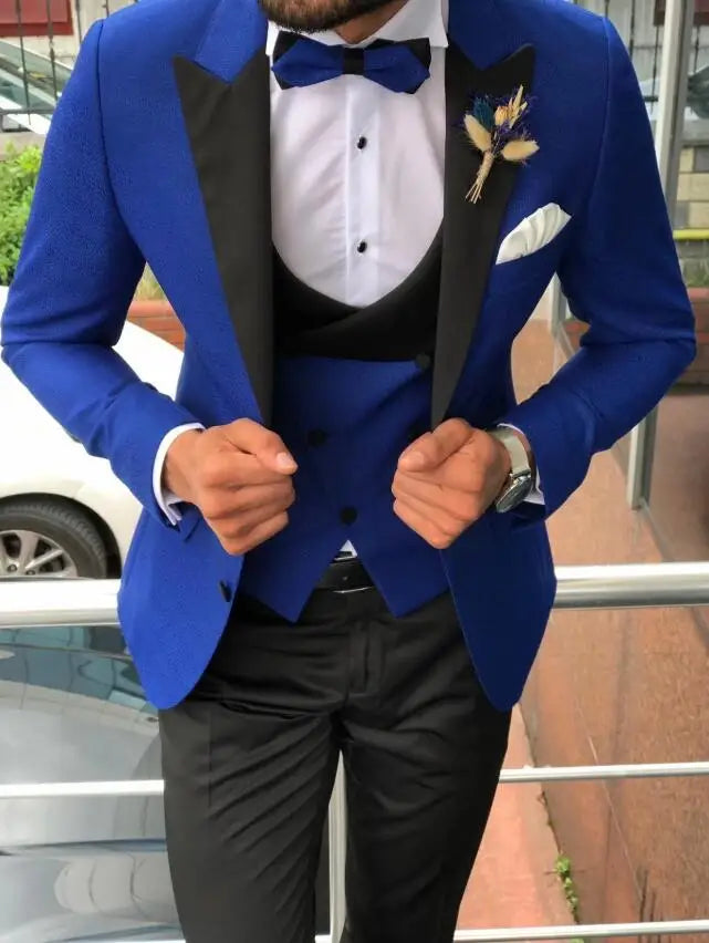 Men Suits Light Navy Blue and Black Groom Tuxedos Shawl Lapel Groomsmen Wedding Best Man ( Jacket+Pants+Bow Tie+Vest ) C684