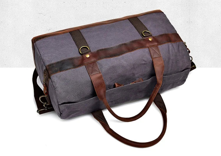 Vintage Waxed Canvas Men Luggage bag Genuine Leather Men Travel Bags Large Duffel Bags Weekend bag of trip Overnight carry on
