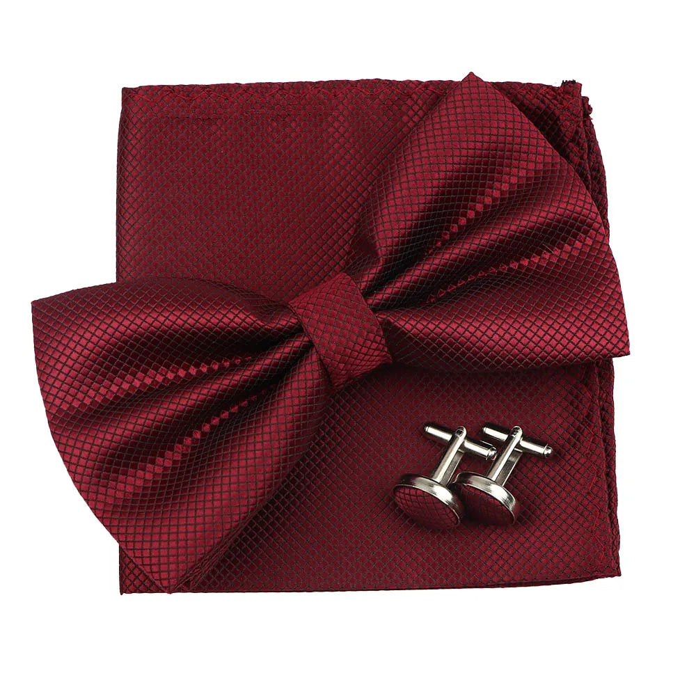3PC Mens Bowtie Set Fashion Dot Solid Polyester Bow Tie Handkerchief Cufflinks Bar Party Wedding Business Daily Wear Accessories