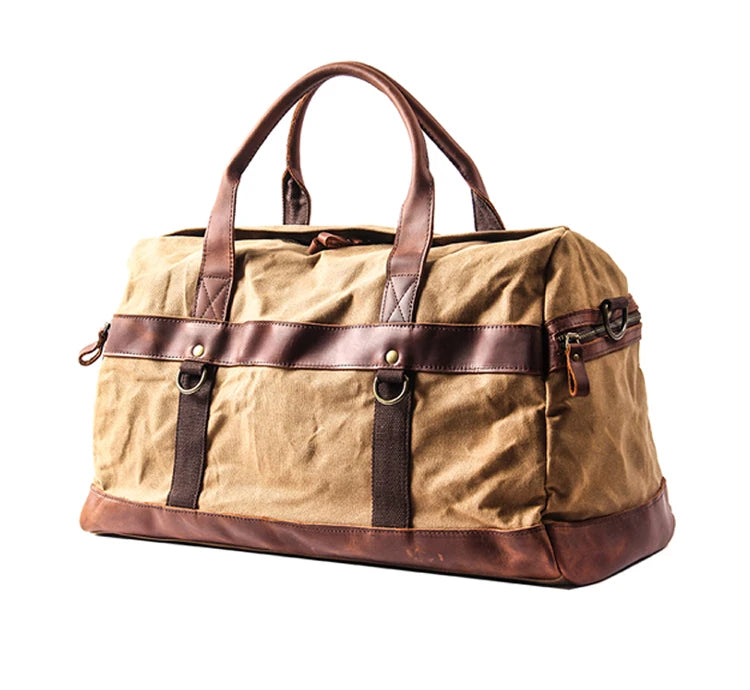 Vintage Waxed Canvas Men Luggage bag Genuine Leather Men Travel Bags Large Duffel Bags Weekend bag of trip Overnight carry on