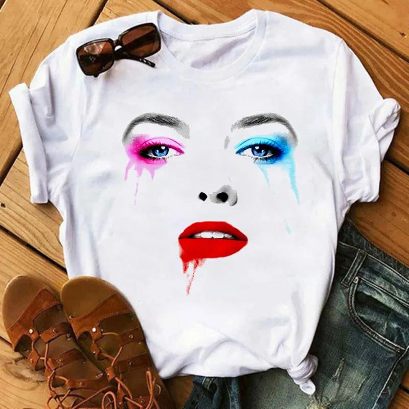 Maycaur New Cute Eye Lashes Red Lips Print Women T Shirt Summer Casual Short Sleeve O Neck T-shirt Fashion Ladies Shirt Tops