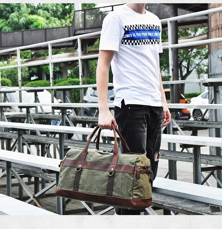 Vintage Waxed Canvas Men Luggage bag Genuine Leather Men Travel Bags Large Duffel Bags Weekend bag of trip Overnight carry on