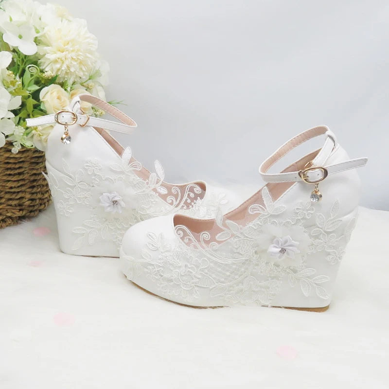 BaoYaFang White Flower Pumps New arrival womens wedding shoes Bride High heels platform shoes for woman ladies party dress shoes