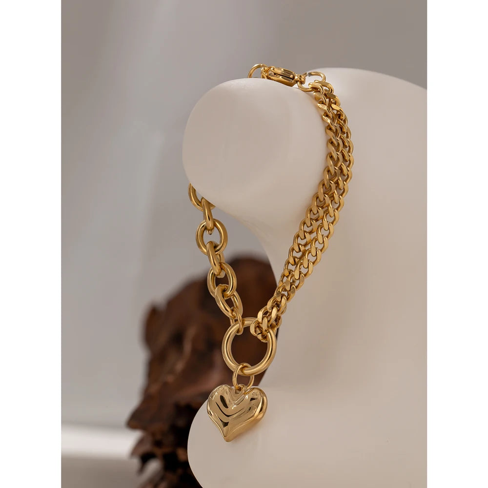 Yhpup Statement Heart Pendant Bracelet Stainless Steel Gold 18 K Plated Jewelry Trendy Metal Texture Accessories for Women