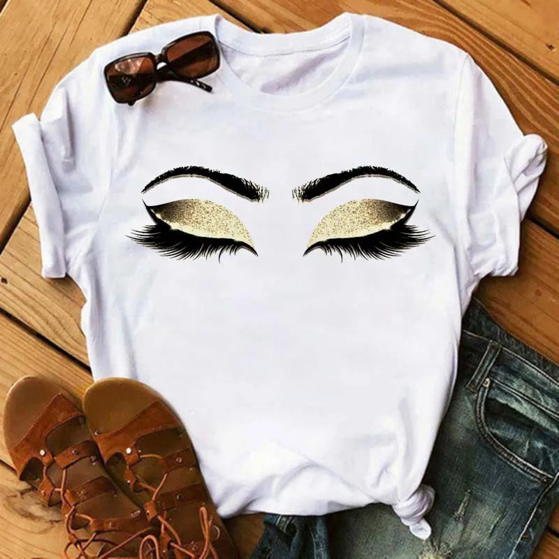 Maycaur New Cute Eye Lashes Red Lips Print Women T Shirt Summer Casual Short Sleeve O Neck T-shirt Fashion Ladies Shirt Tops