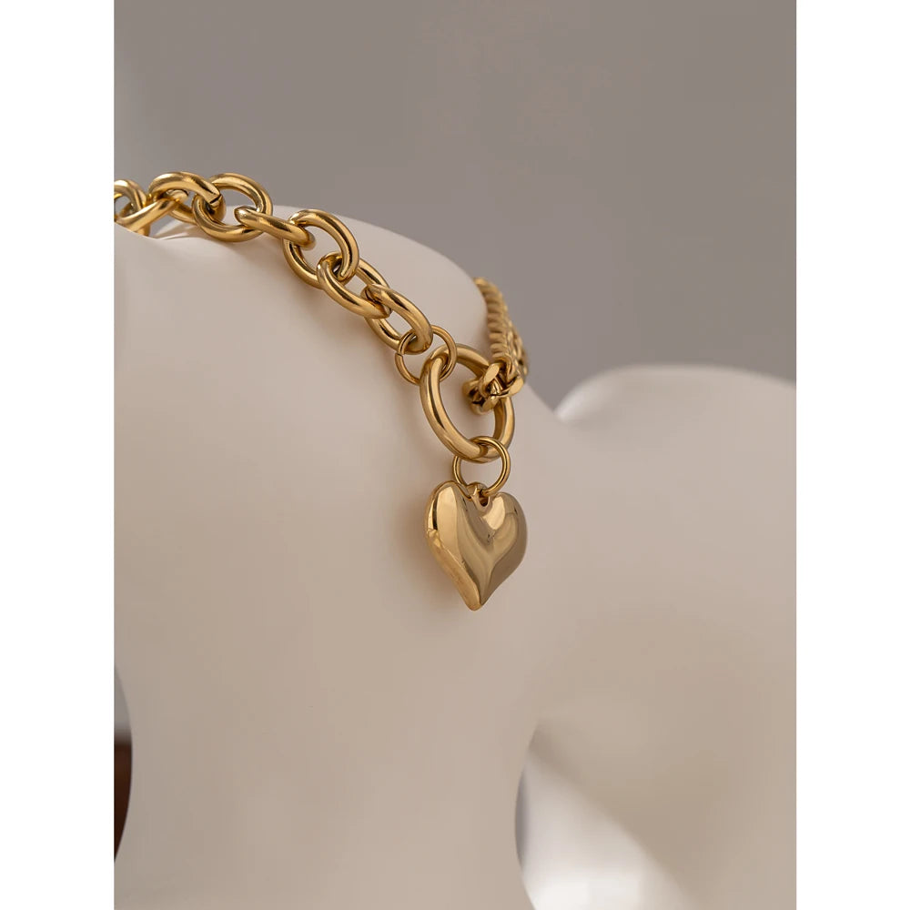 Yhpup Statement Heart Pendant Bracelet Stainless Steel Gold 18 K Plated Jewelry Trendy Metal Texture Accessories for Women