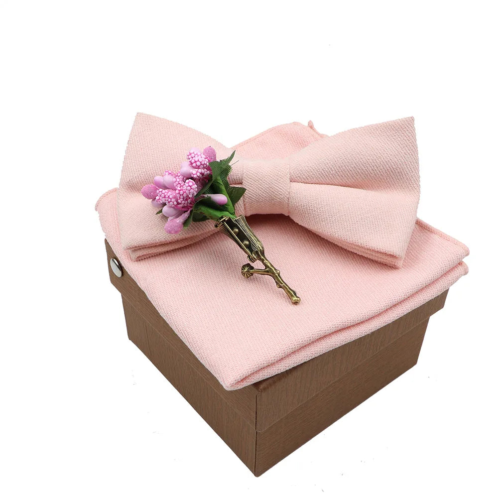Solid Color Cotton Bowtie Handkerchief Flower Brooch Set For Men Women Party Wedding Blue Pink Green Bowties Novelty Ties Gift