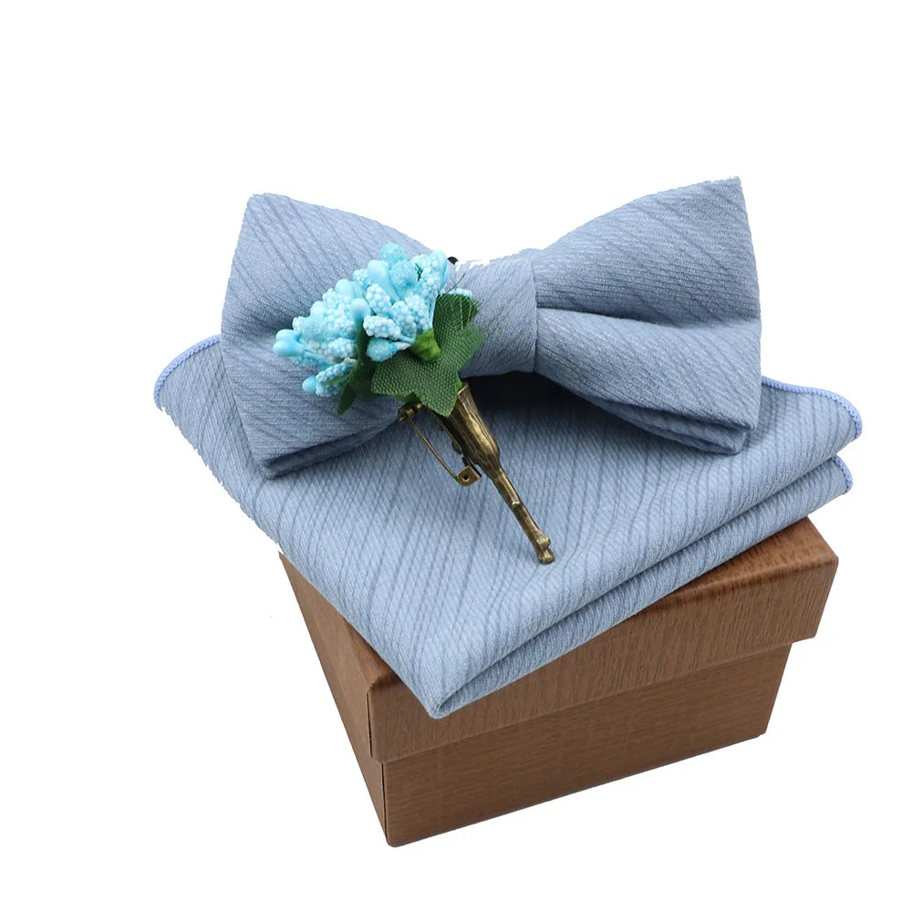 Solid Color Cotton Bowtie Handkerchief Flower Brooch Set For Men Women Party Wedding Blue Pink Green Bowties Novelty Ties Gift