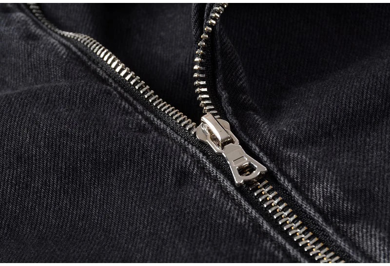 Sokotoo Men's zippers black biker jean jacket Streetwear thick denim slim coat with belt High quality