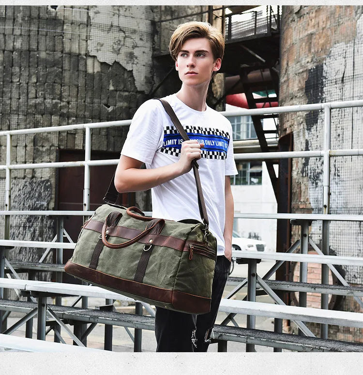 Vintage Waxed Canvas Men Luggage bag Genuine Leather Men Travel Bags Large Duffel Bags Weekend bag of trip Overnight carry on