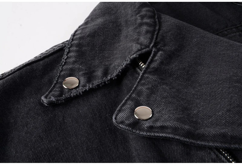 Sokotoo Men's zippers black biker jean jacket Streetwear thick denim slim coat with belt High quality